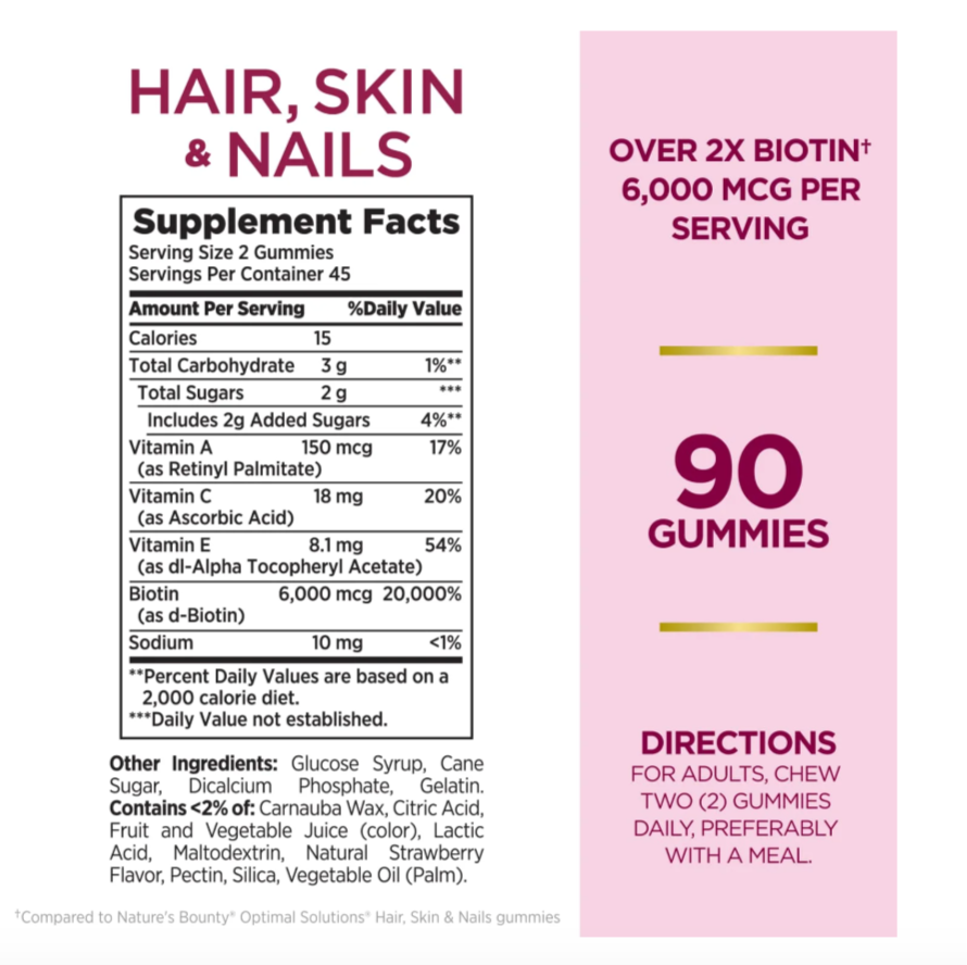 Vitaminas para la piel, cabello y uñas con biotina, 6000 mcg, 90 gomitas