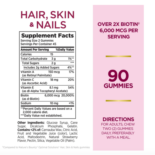 Vitaminas para la piel, cabello y uñas con biotina, 6000 mcg, 90 gomitas