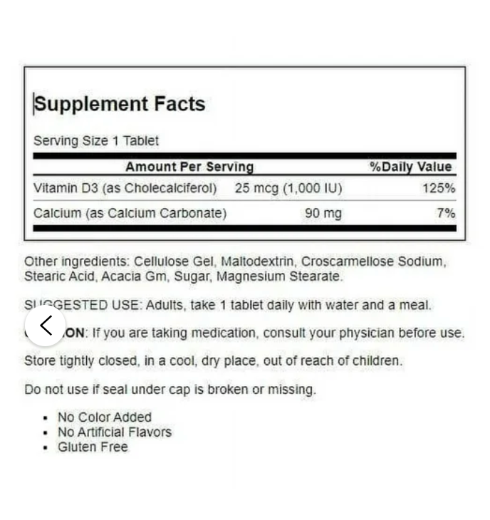 Vitamina D3, 1000IU, 100 tabletas