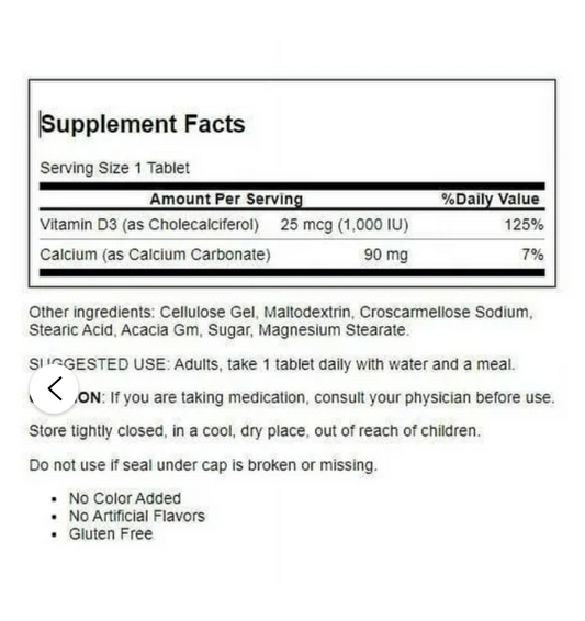 Vitamina D3, 1000IU, 100 tabletas